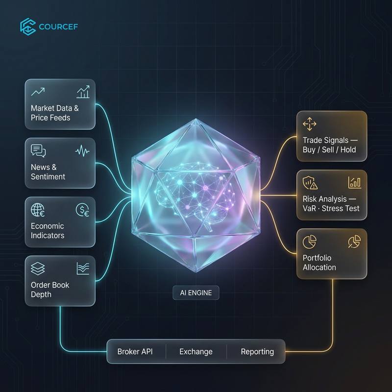 A diagram of the Courcef AI engine: market data, news and economic indicators feeding an analytical core that outputs trade signals, risk analysis and portfolio allocation