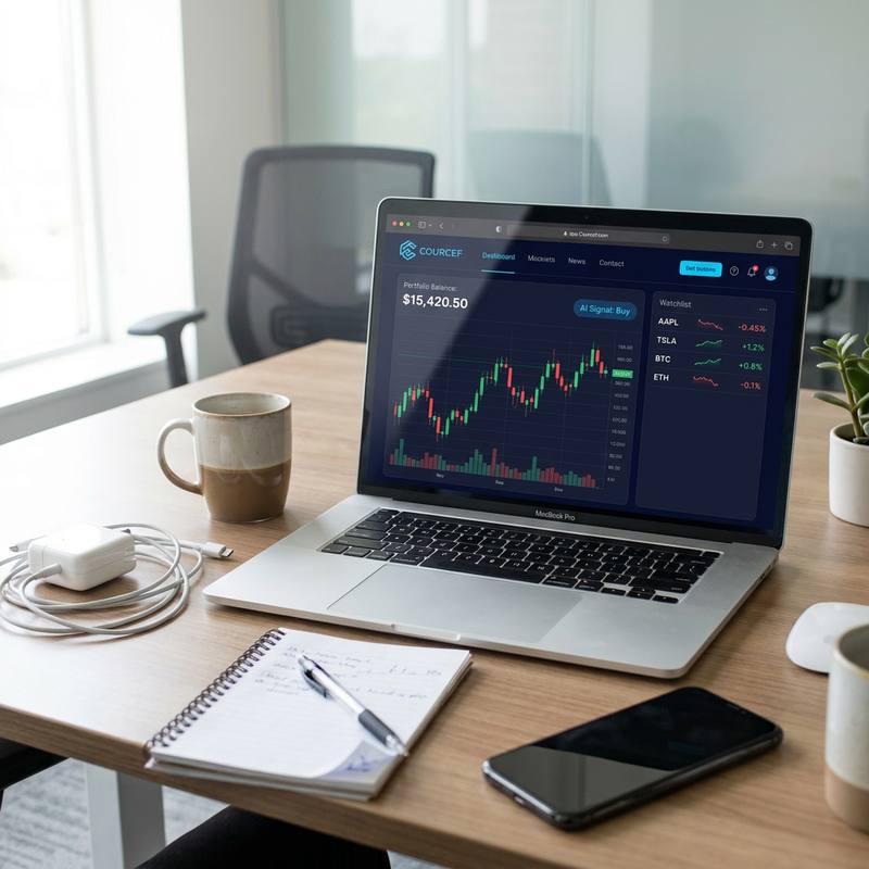 The Courcef dashboard on a laptop showing a candlestick price chart, portfolio balance and a crypto watchlist