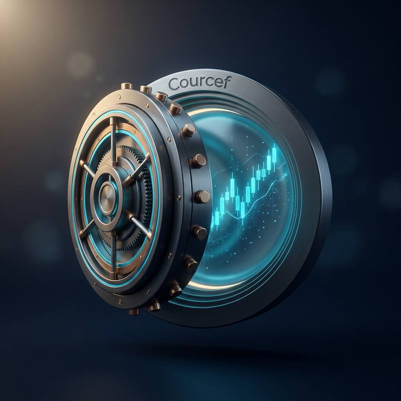 A sealed digital vault carrying the Courcef name, ringed in metal, with a rising cyan chart visible inside