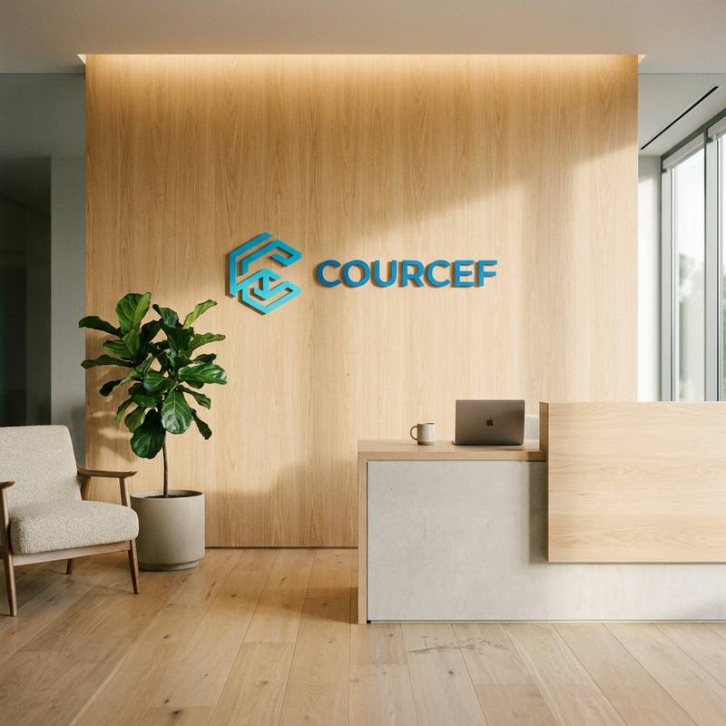 The Courcef headquarters: a reception area with a pale wood wall carrying the Courcef sign, a plant, an armchair and a desk
