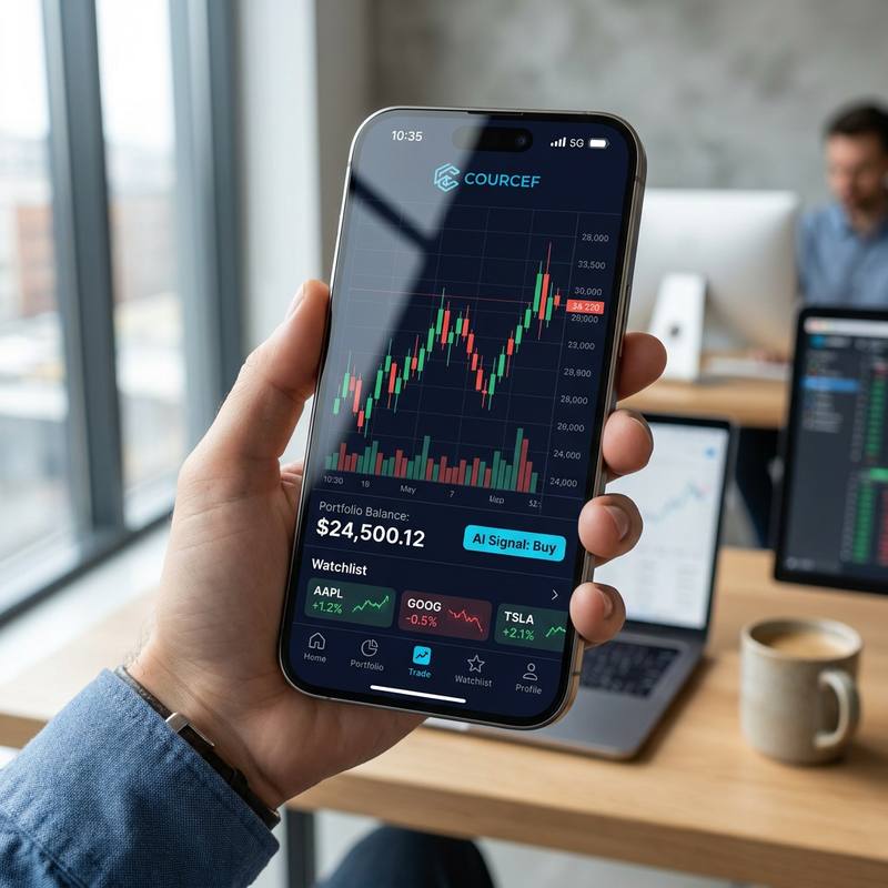 A hand holding a phone showing the Courcef app with a candlestick chart, portfolio balance and watchlist