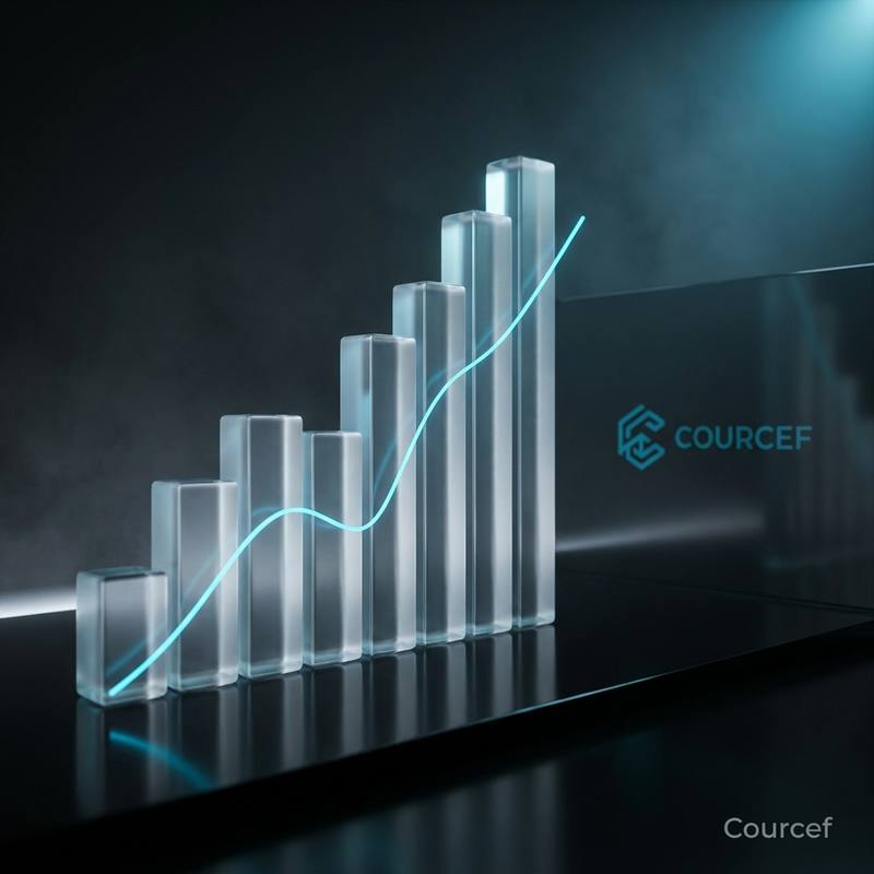 A frosted-glass bar chart topped by a rising cyan curve, the Courcef logo on the wall behind it
