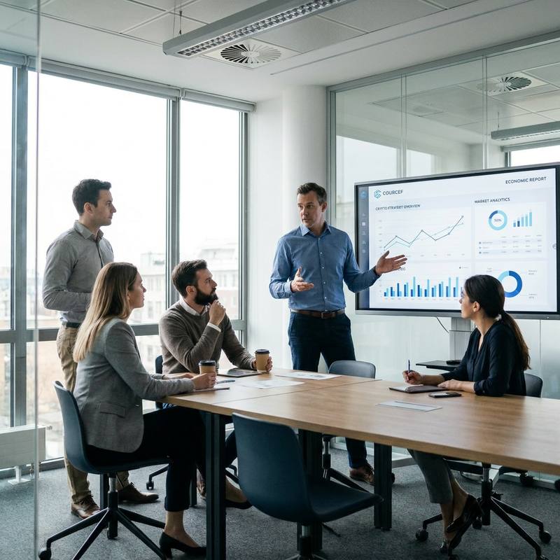 A Courcef team meeting in a modern boardroom, one colleague presenting an economic report on screen